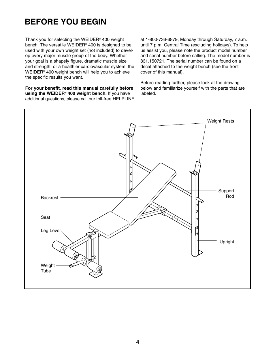 Before you begin | Weider 831.150721 User Manual | Page 4 / 16