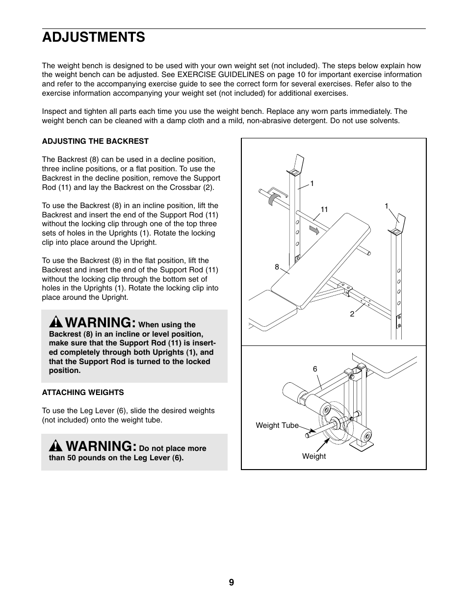 Warning, Adjustments | Weider 831.150721 User Manual | Page 9 / 16