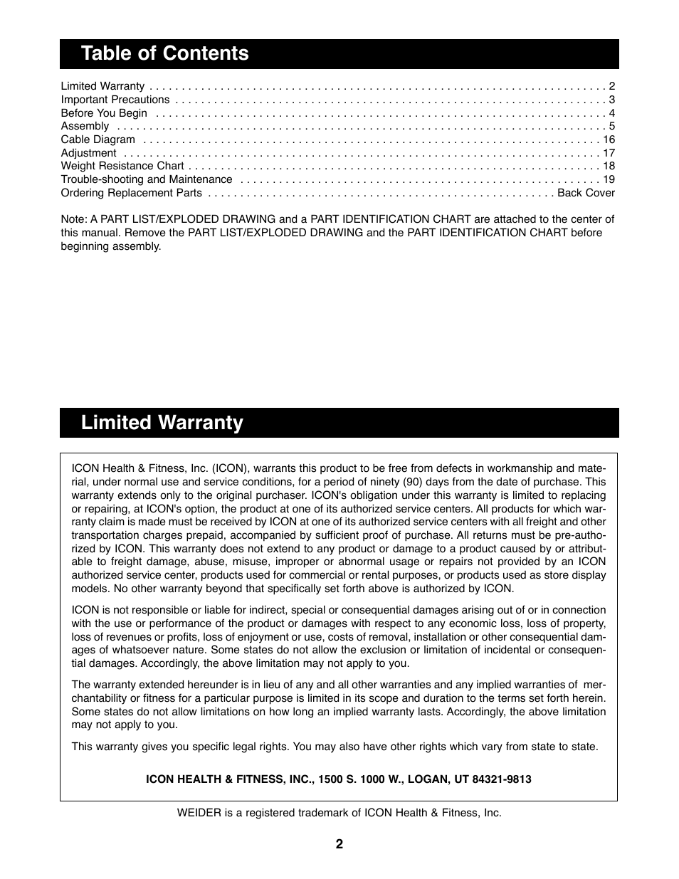 Table of contents limited warranty | Weider WESY81081 User Manual | Page 2 / 25