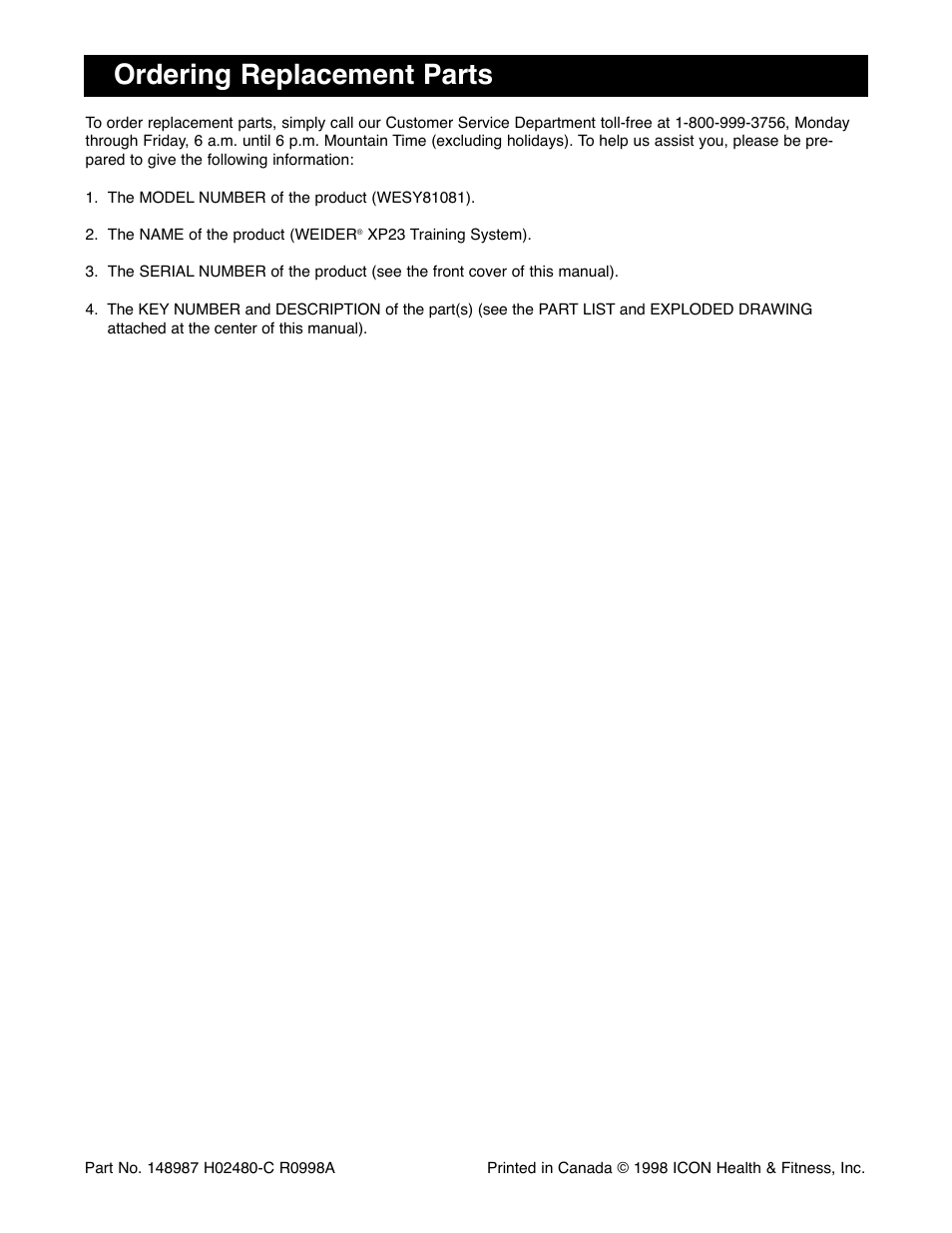 Ordering replacement parts | Weider WESY81081 User Manual | Page 25 / 25