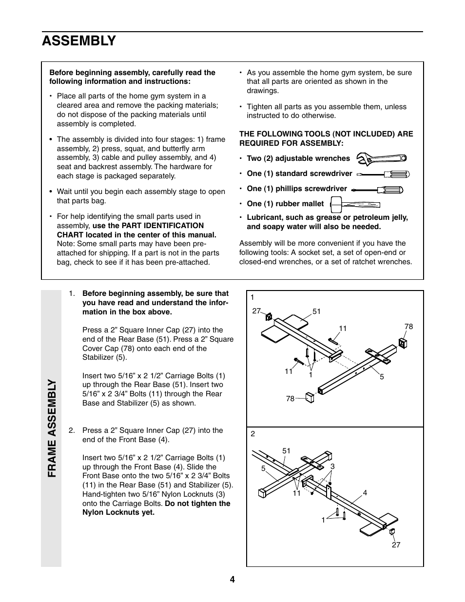Assembly, Frame assembl y | Weider 831.159361 User Manual | Page 4 / 29