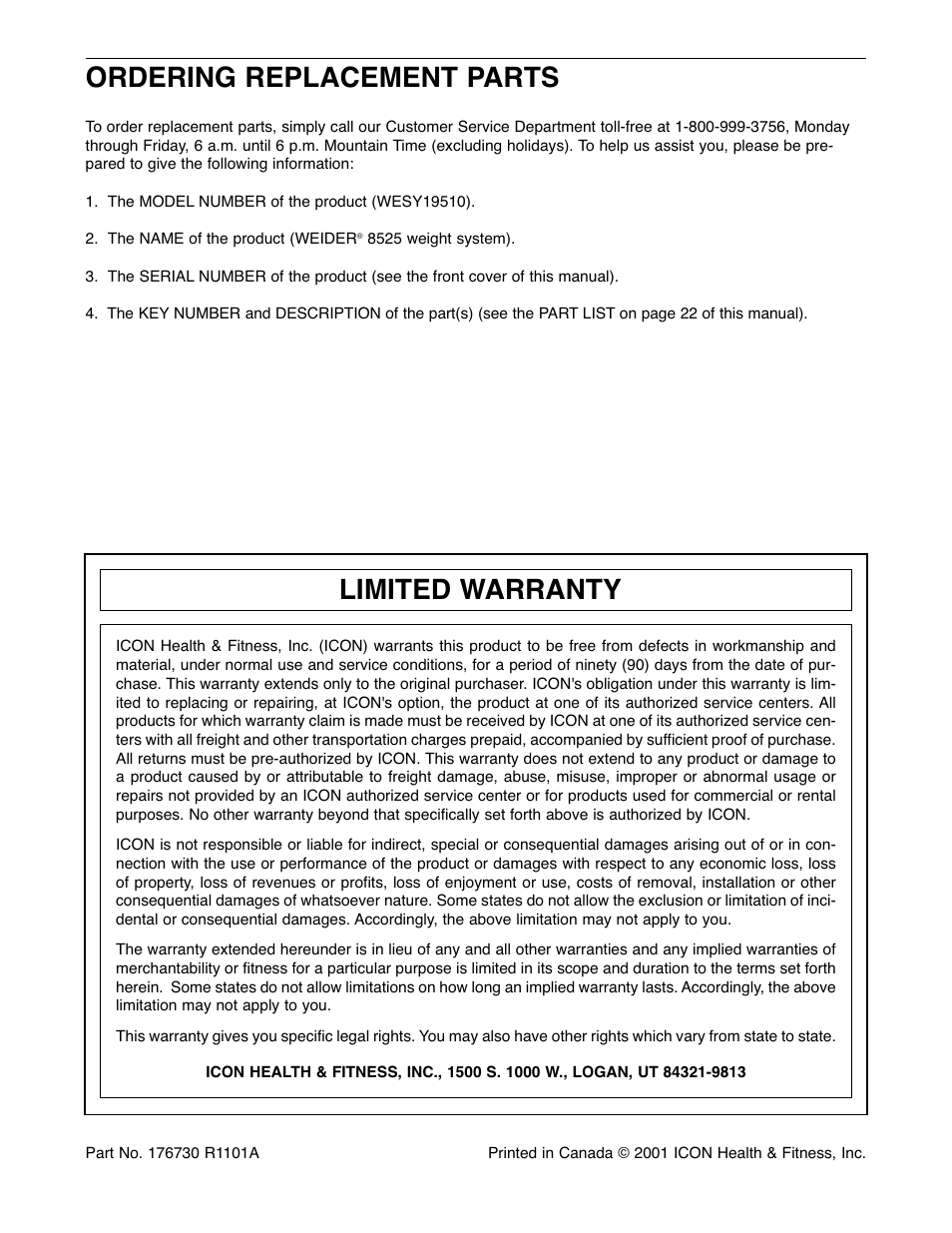 Ordering replacement parts, Limited warranty | Weider WESY19510 User Manual | Page 24 / 28