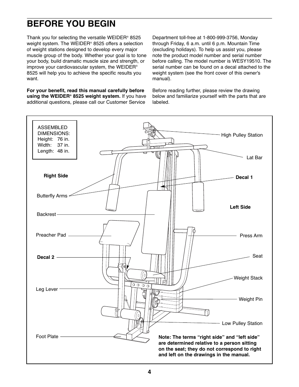 Before you begin | Weider WESY19510 User Manual | Page 4 / 28