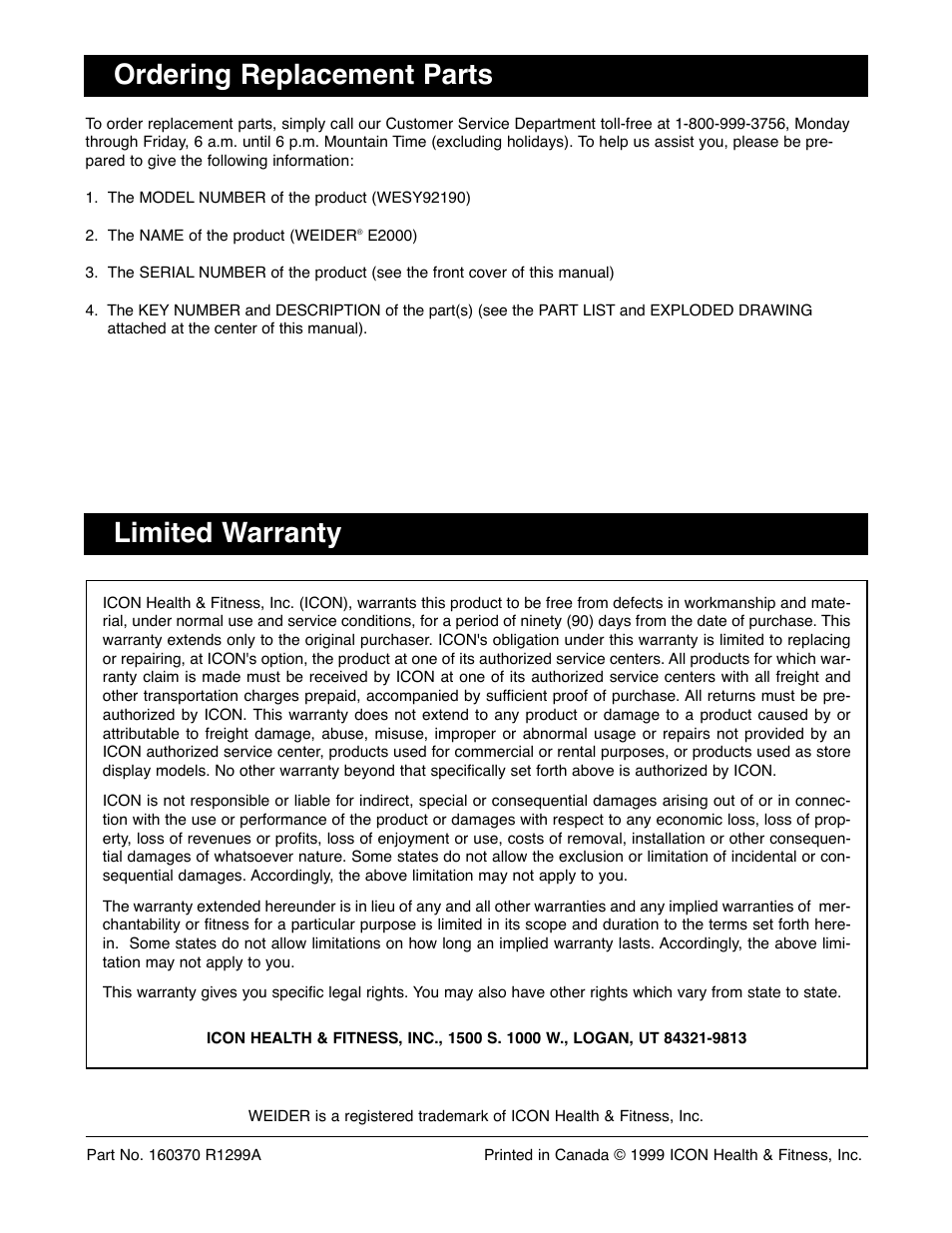 Ordering replacement parts, Limited warranty | Weider WESY92190 User Manual | Page 28 / 28