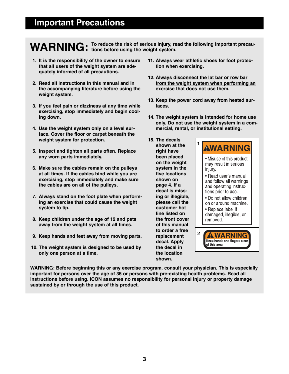 Warning, Important precautions | Weider WESY92190 User Manual | Page 3 / 28