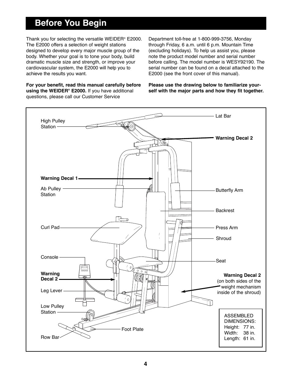 Before you begin | Weider WESY92190 User Manual | Page 4 / 28