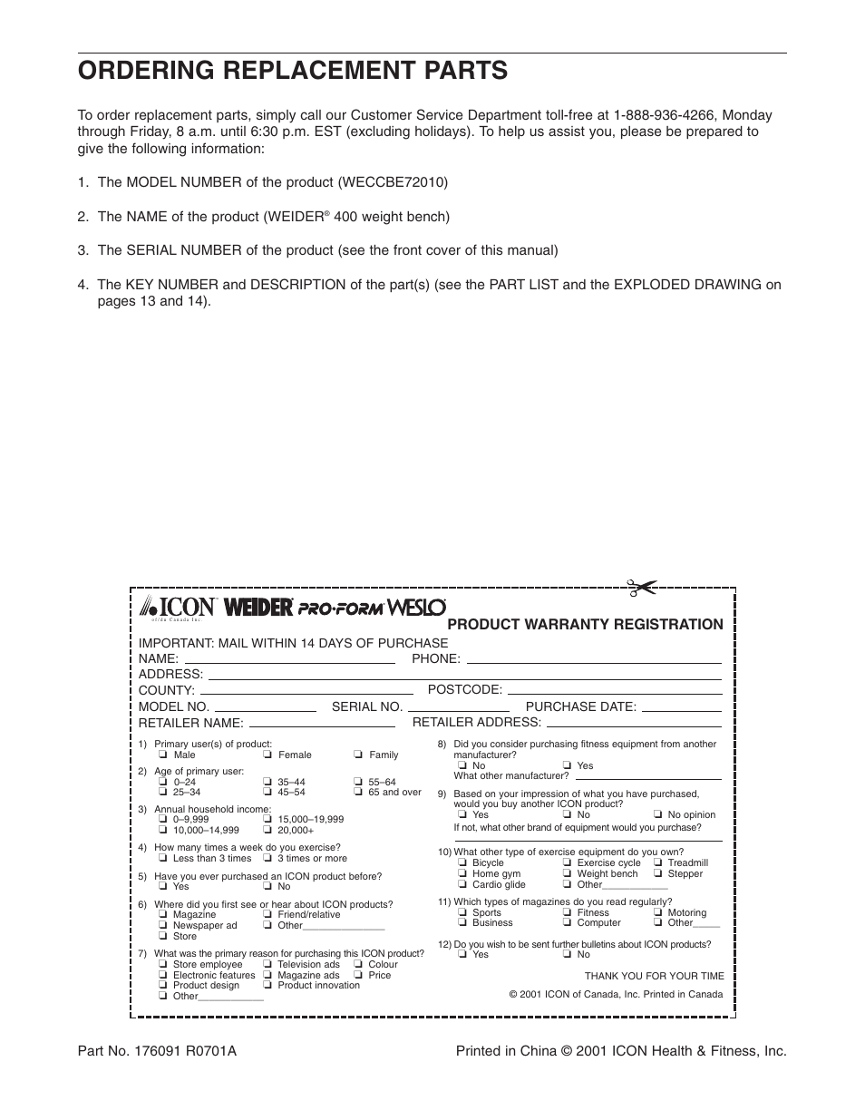 Ordering replacement parts, Product warranty registration | Weider WECCBE72010 User Manual | Page 16 / 16