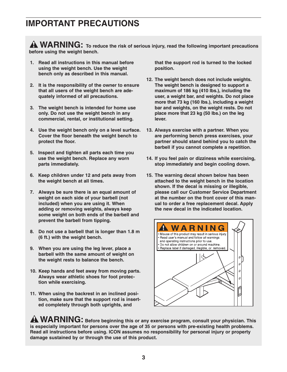 Warning, Important precautions | Weider WECCBE72010 User Manual | Page 3 / 16