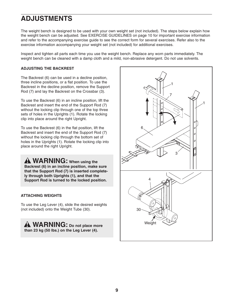 Warning, Adjustments | Weider WECCBE72010 User Manual | Page 9 / 16
