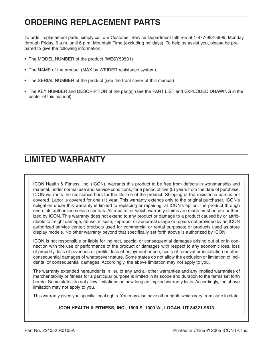 Ordering replacement parts, Limited warranty | Weider WESY59531 User Manual | Page 24 / 24