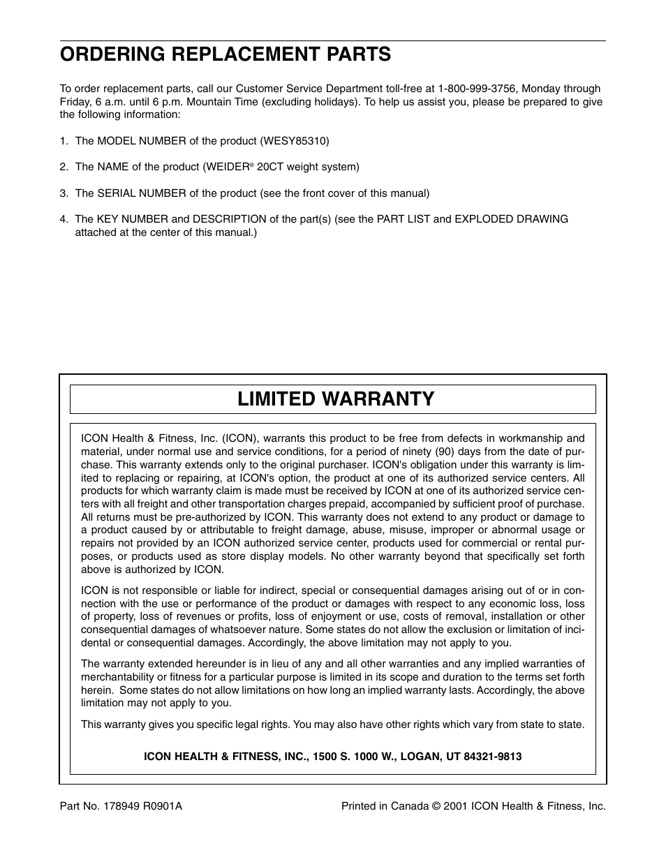 Ordering replacement parts, Limited warranty | Weider WESY85310 User Manual | Page 27 / 27