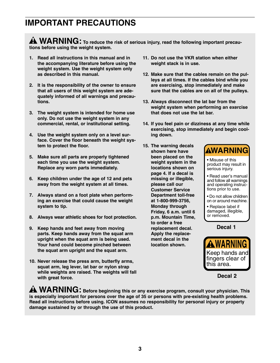 Important precautions, Warning, Keep hands and fingers clear of this area | Weider WESY85310 User Manual | Page 3 / 27