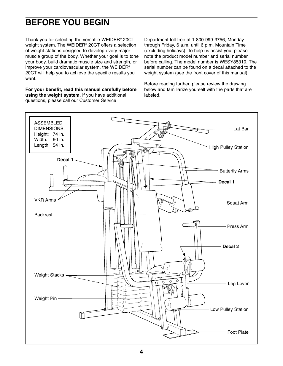 Before you begin | Weider WESY85310 User Manual | Page 4 / 27