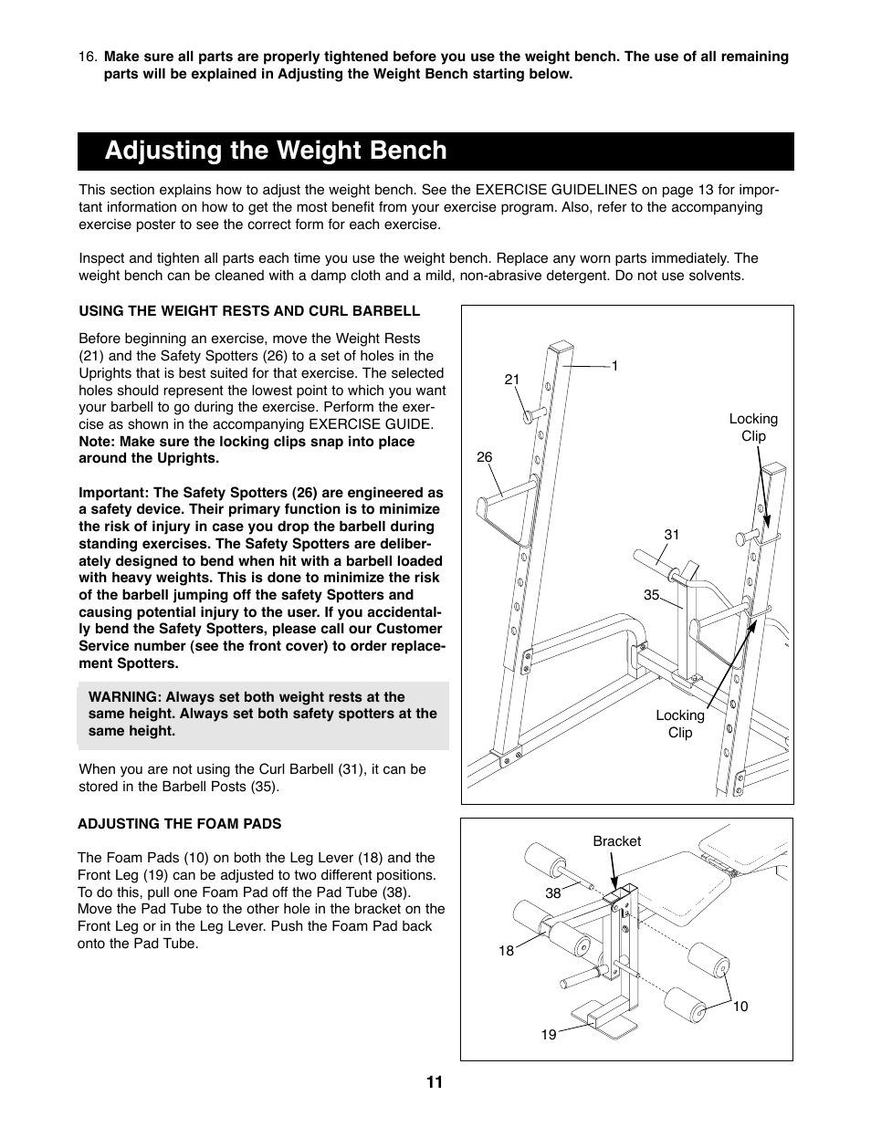 Adjusting the weight bench | Weider WEBE63990 User Manual | Page 11 / 19