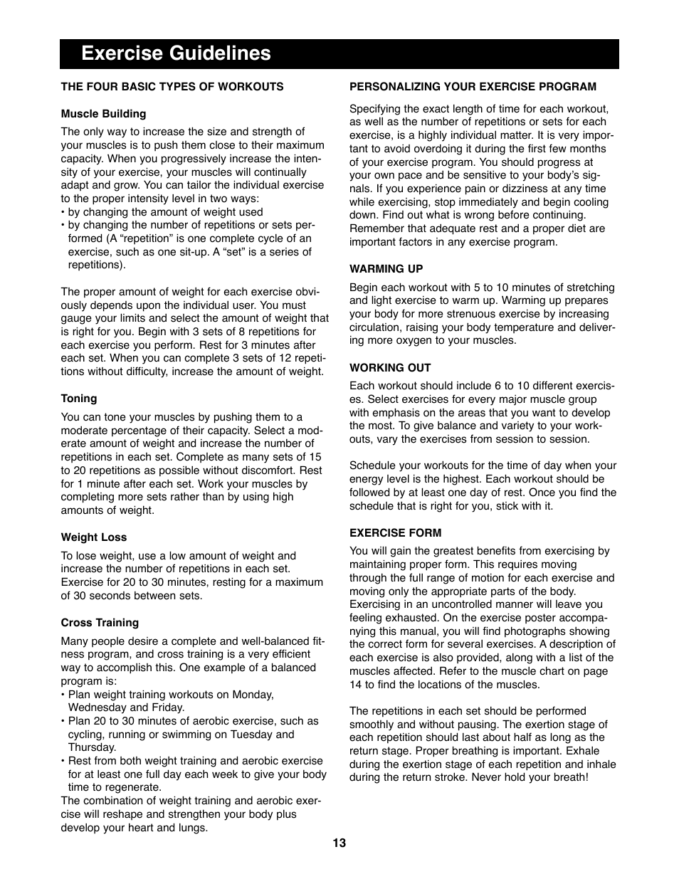 Exercise guidelines | Weider WEBE63990 User Manual | Page 13 / 19