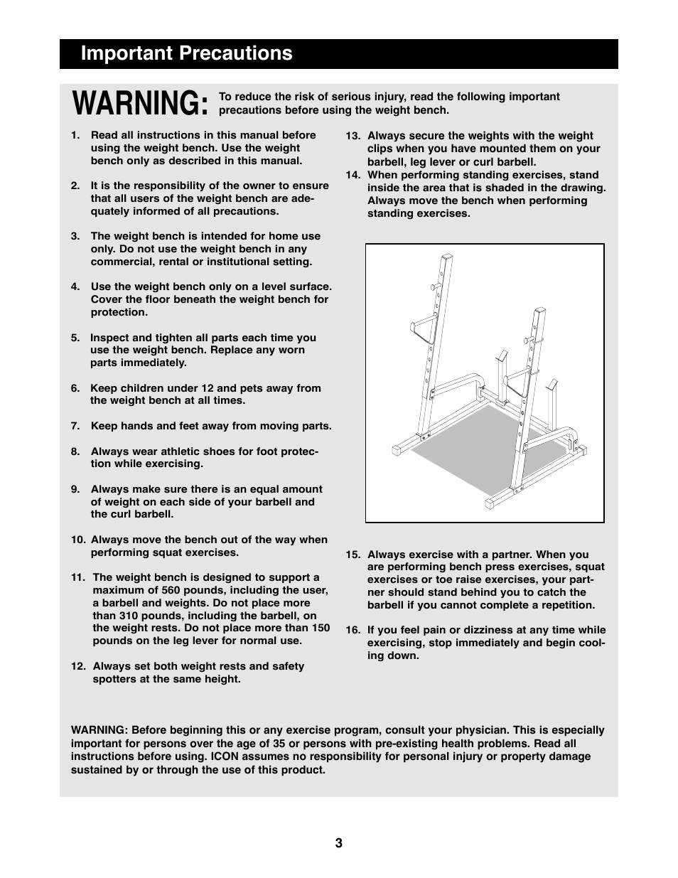 Warning, Important precautions | Weider WEBE63990 User Manual | Page 3 / 19