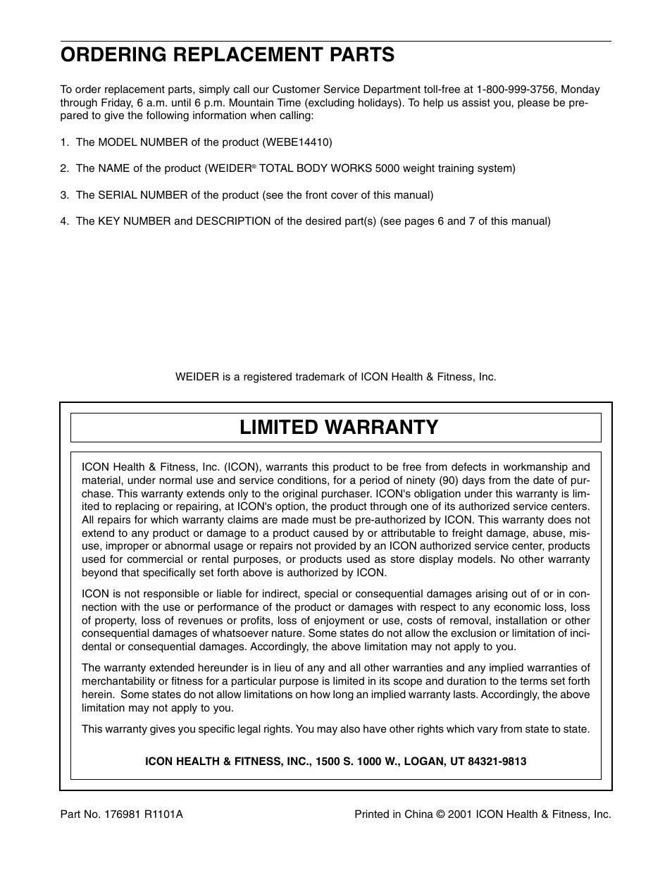 Ordering replacement parts, Limited warranty | Weider 5000 User Manual | Page 8 / 8