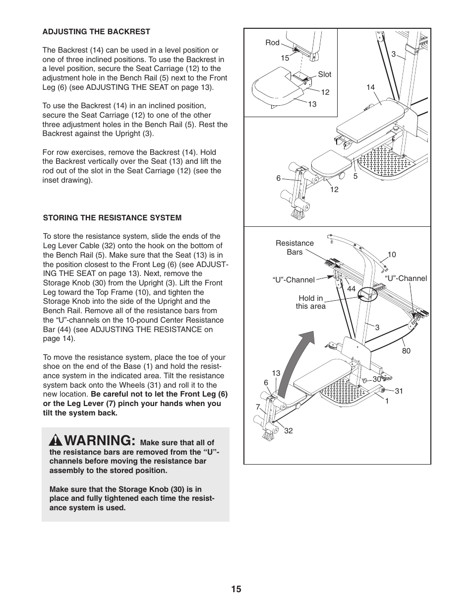 Warning | Weider XP400 831.15392.2 User Manual | Page 15 / 24