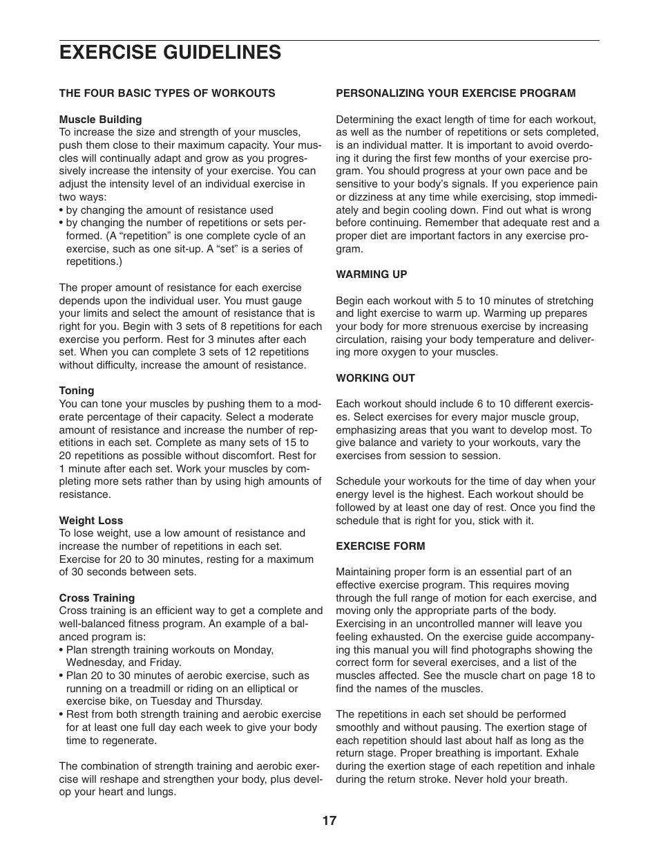 Exercise guidelines | Weider XP400 831.15392.2 User Manual | Page 17 / 24