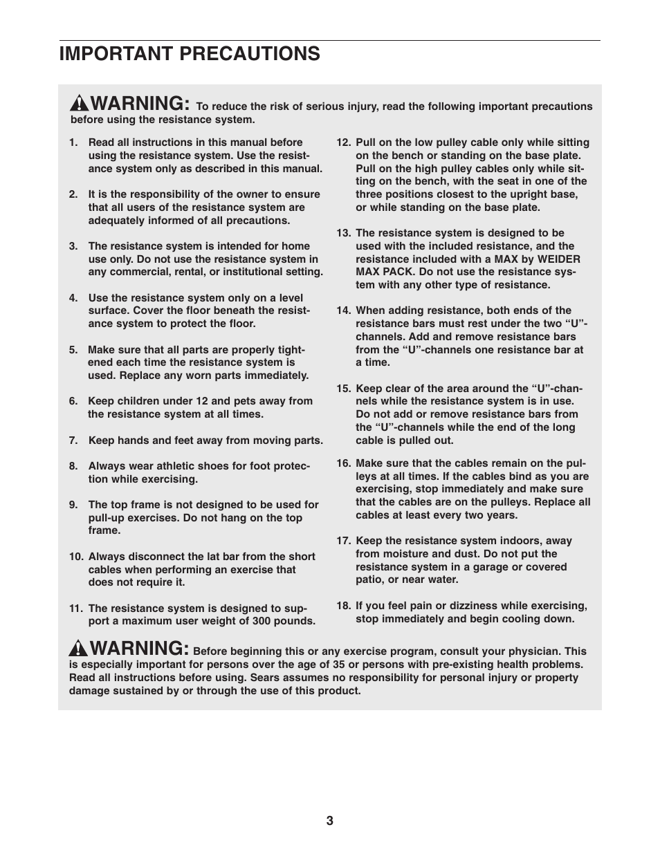 Warning, Important precautions | Weider XP400 831.15392.2 User Manual | Page 3 / 24