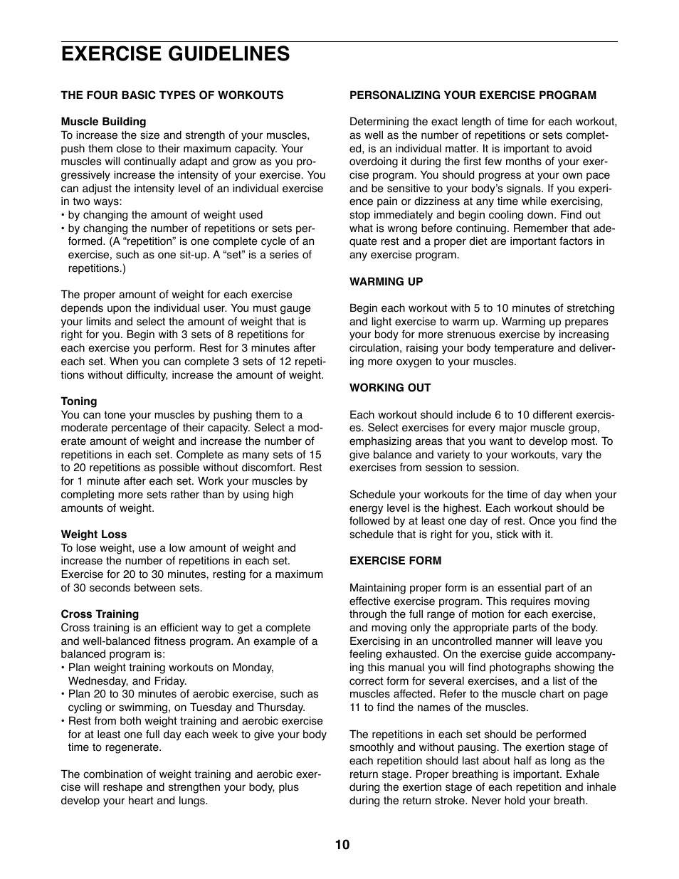 Exercise guidelines | Weider WEBE11920 User Manual | Page 10 / 16