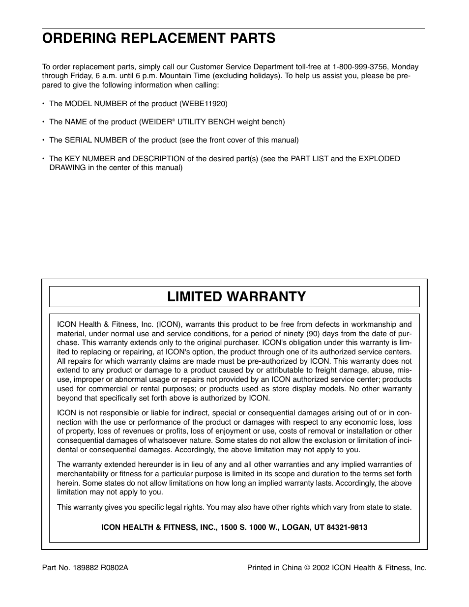 Limited warranty, Ordering replacement parts | Weider WEBE11920 User Manual | Page 12 / 16