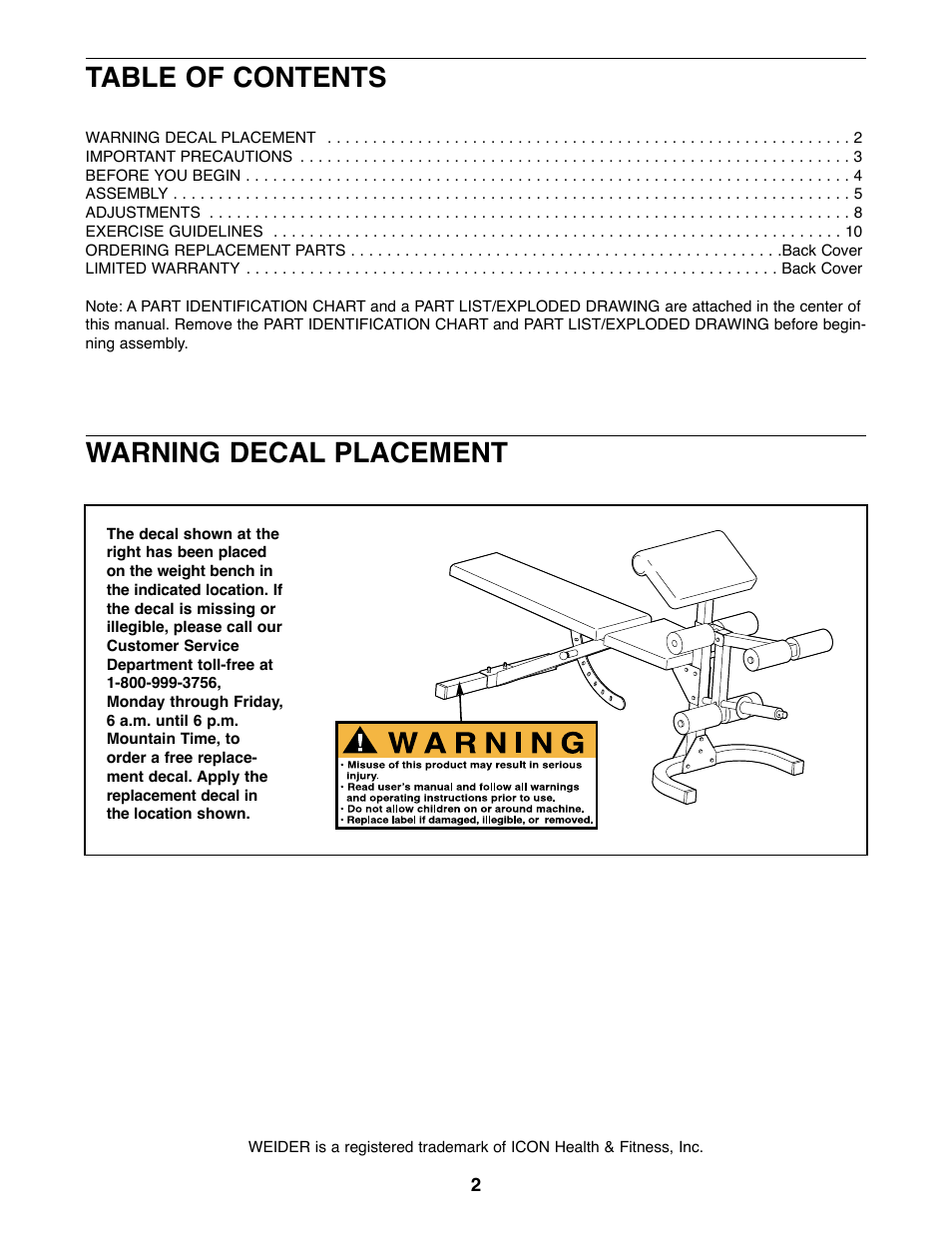 Table of contents warning decal placement | Weider WEBE11920 User Manual | Page 2 / 16