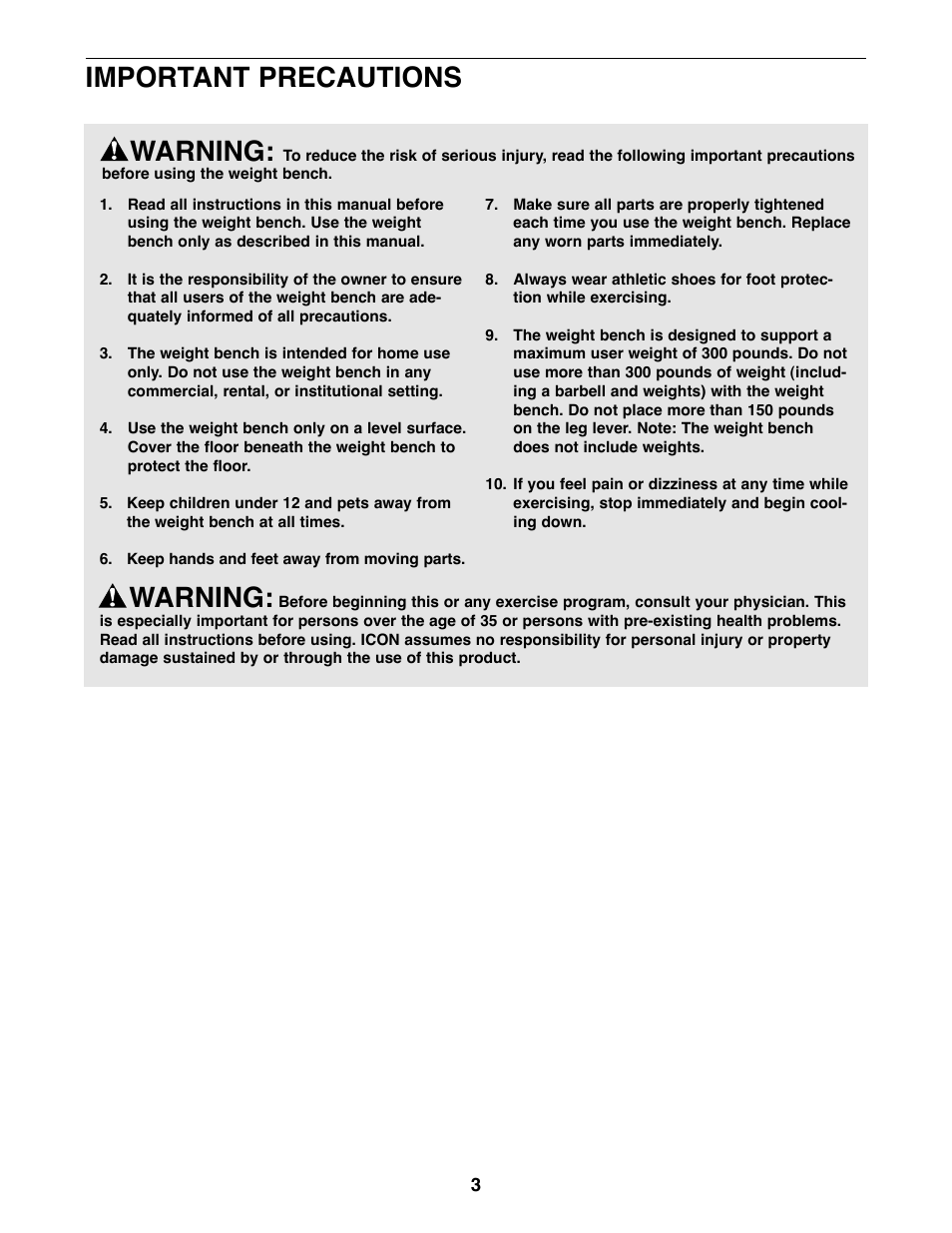Warning, Important precautions | Weider WEBE11920 User Manual | Page 3 / 16