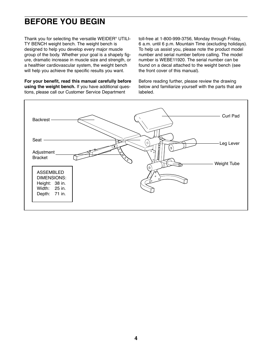 Before you begin | Weider WEBE11920 User Manual | Page 4 / 16