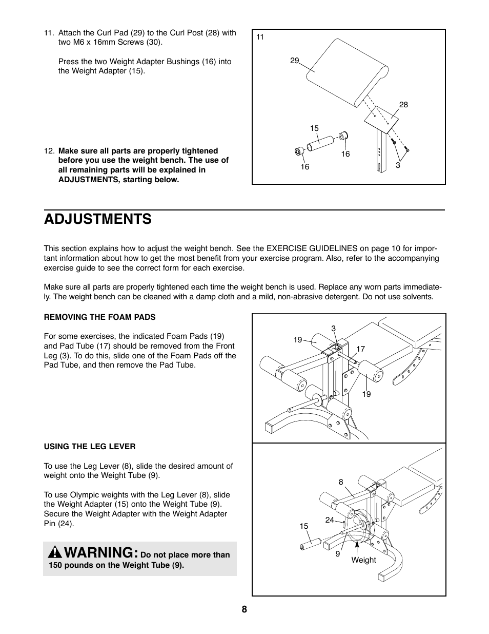 Adjustments, Warning | Weider WEBE11920 User Manual | Page 8 / 16