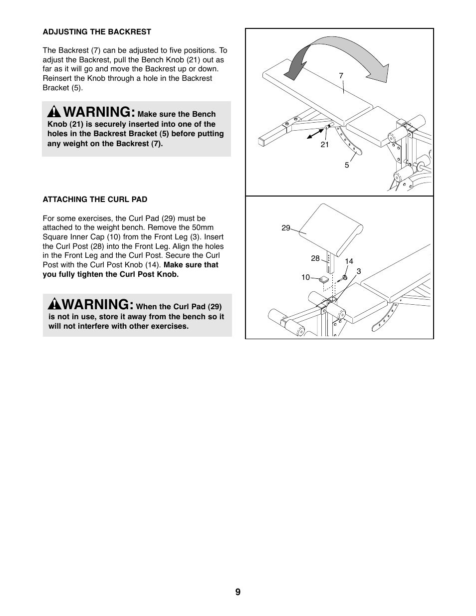 Warning | Weider WEBE11920 User Manual | Page 9 / 16