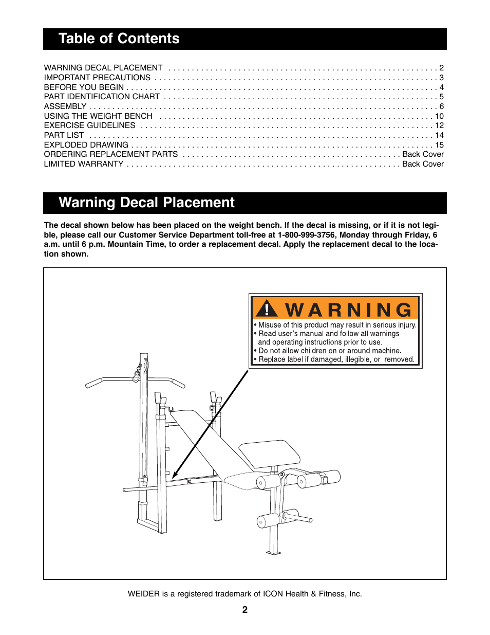 Weider WEBE88890 User Manual | Page 2 / 16