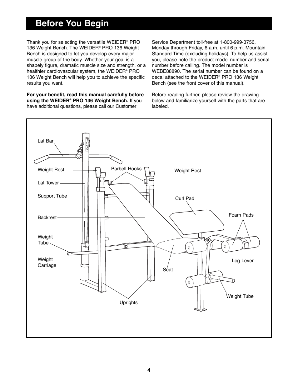 Before you begin | Weider WEBE88890 User Manual | Page 4 / 16