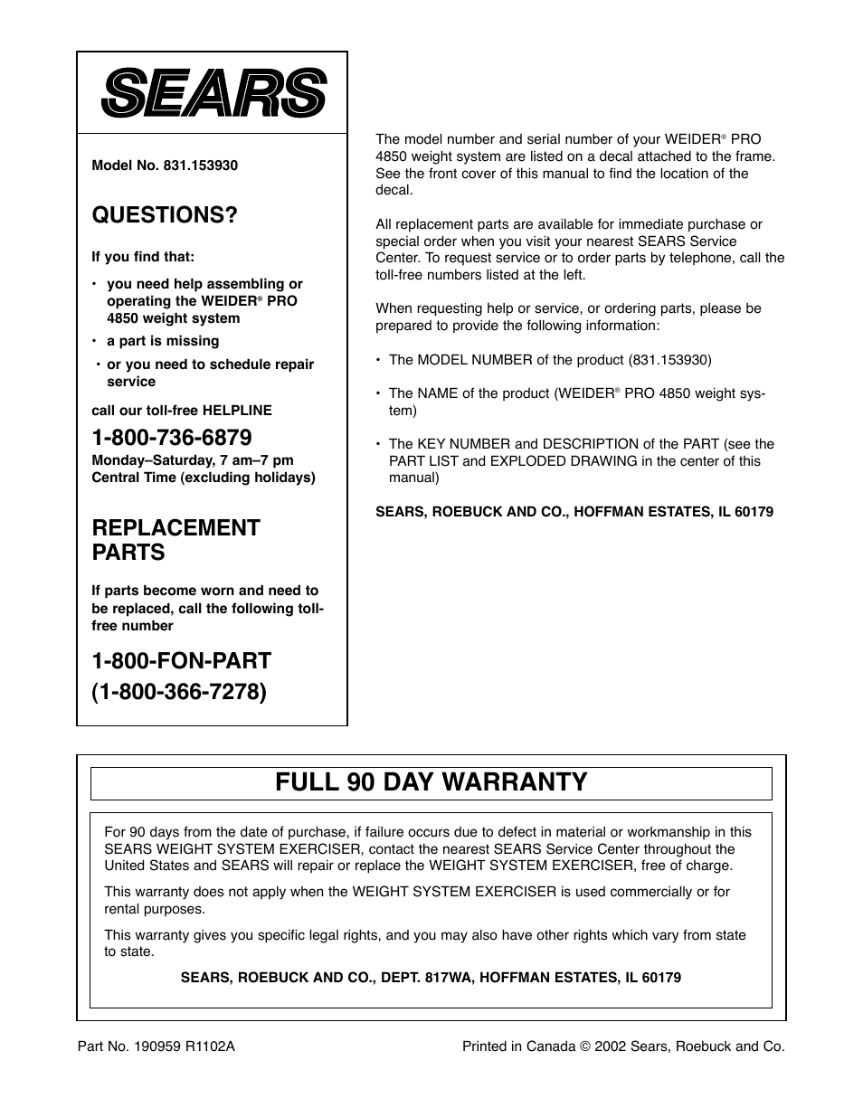 Full 90 day warranty, Questions, Replacement parts | Weider 831.153930f User Manual | Page 28 / 35