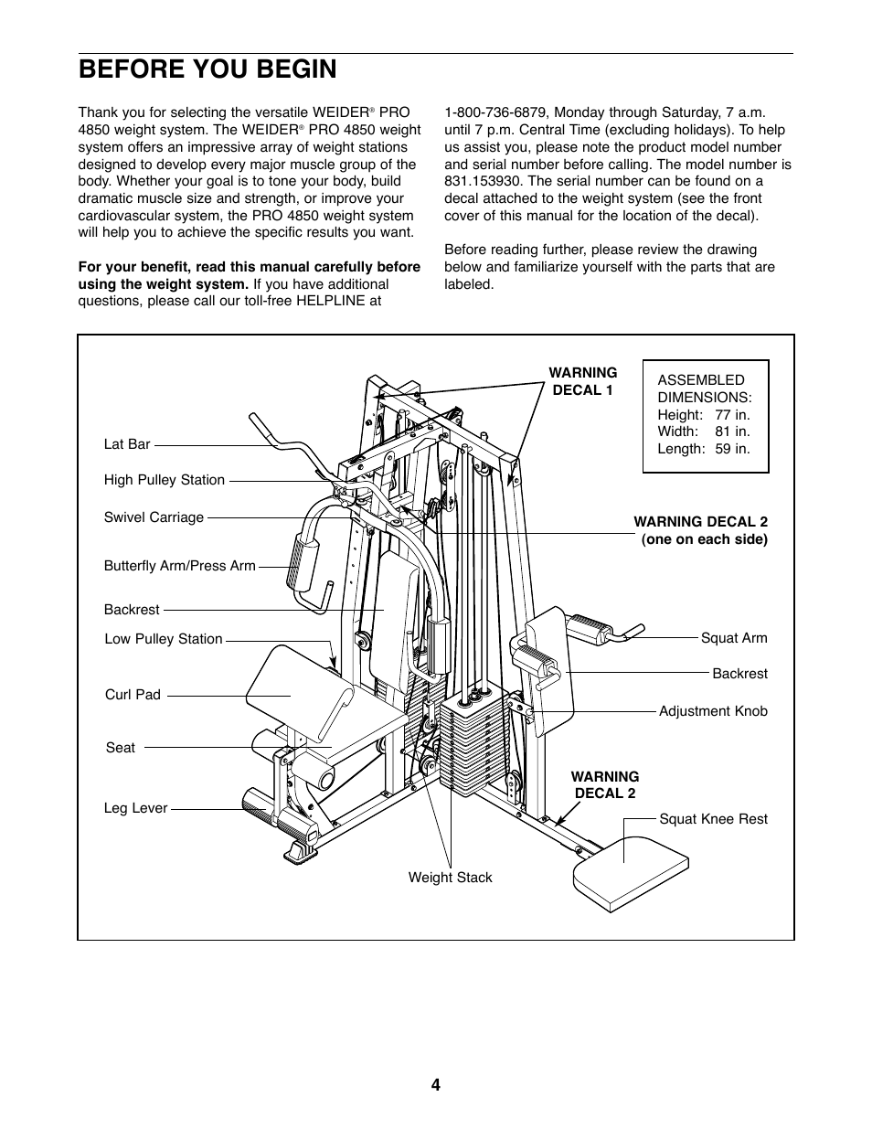 Before you begin | Weider 831.153930f User Manual | Page 4 / 35