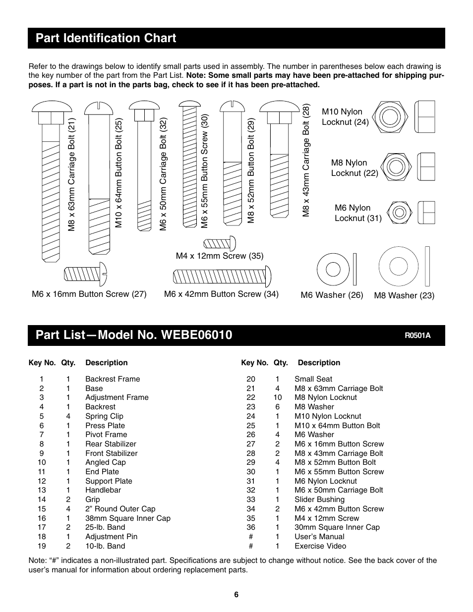 Part identification chart | Weider WEBE06010 User Manual | Page 6 / 8