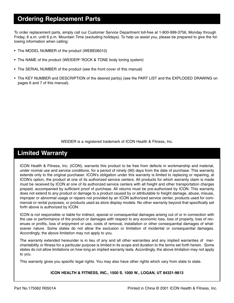 Ordering replacement parts limited warranty | Weider WEBE06010 User Manual | Page 8 / 8