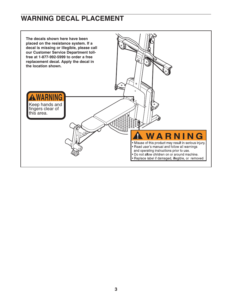 Warning decal placement | Weider WESY68633 User Manual | Page 3 / 27