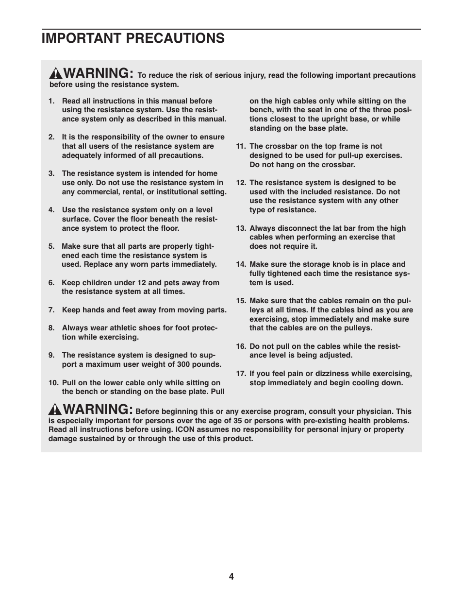 Warning, Important precautions | Weider WESY68633 User Manual | Page 4 / 27
