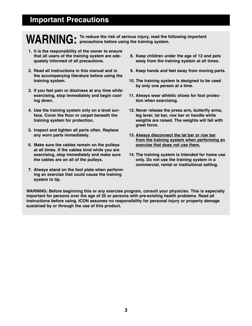 Warning, Important precautions | Weider WESY81080 User Manual | Page 3 / 25