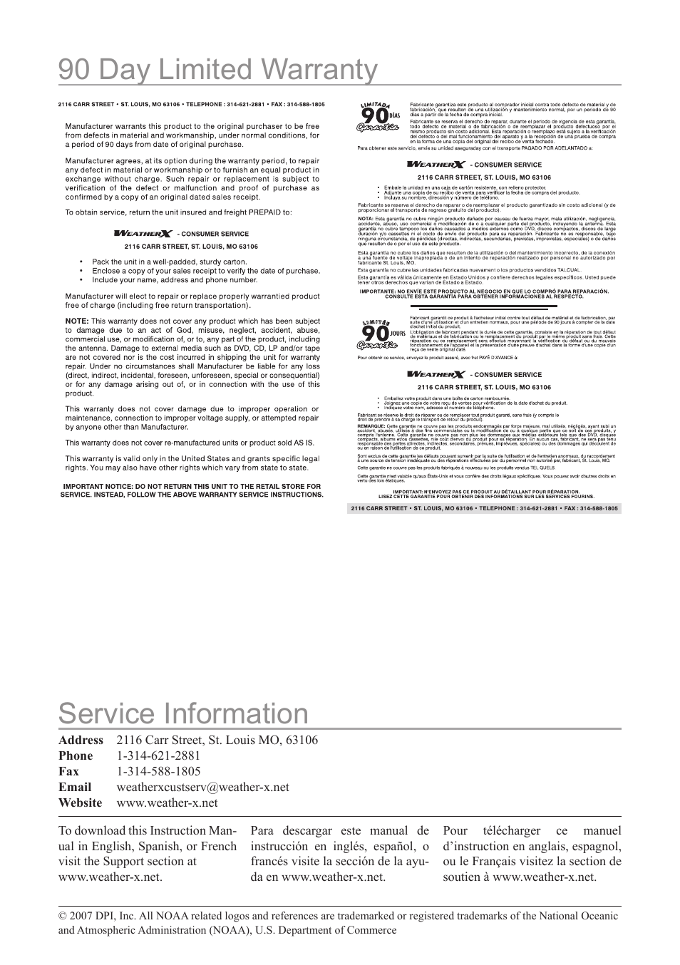 90 day limited warranty service information | Weather X WF308 User Manual | Page 12 / 12