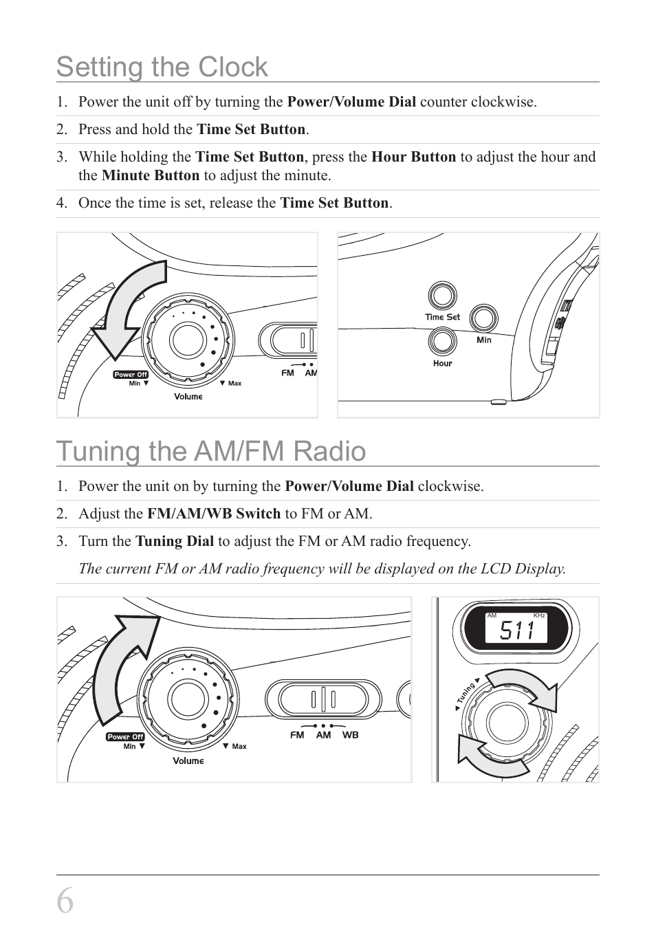 Setting the clock, Tuning the am/fm radio | Weather X WF308 User Manual | Page 6 / 12