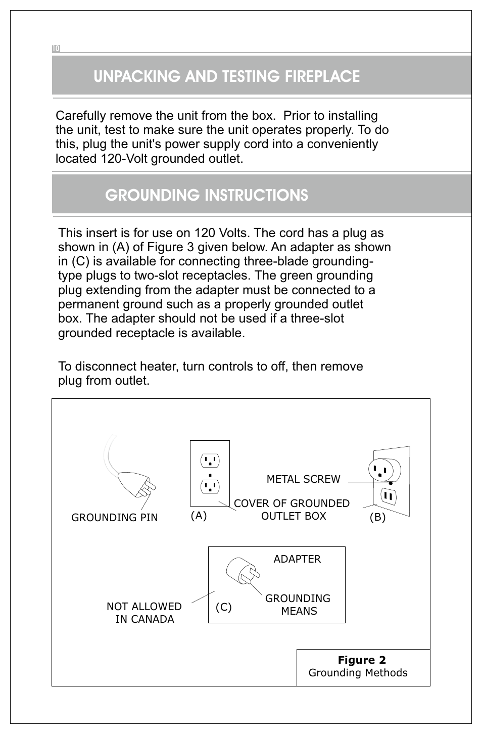 Unpacking and testing fireplace, Grounding instructions | Well Traveled Living BLT-999W-2 User Manual | Page 10 / 18