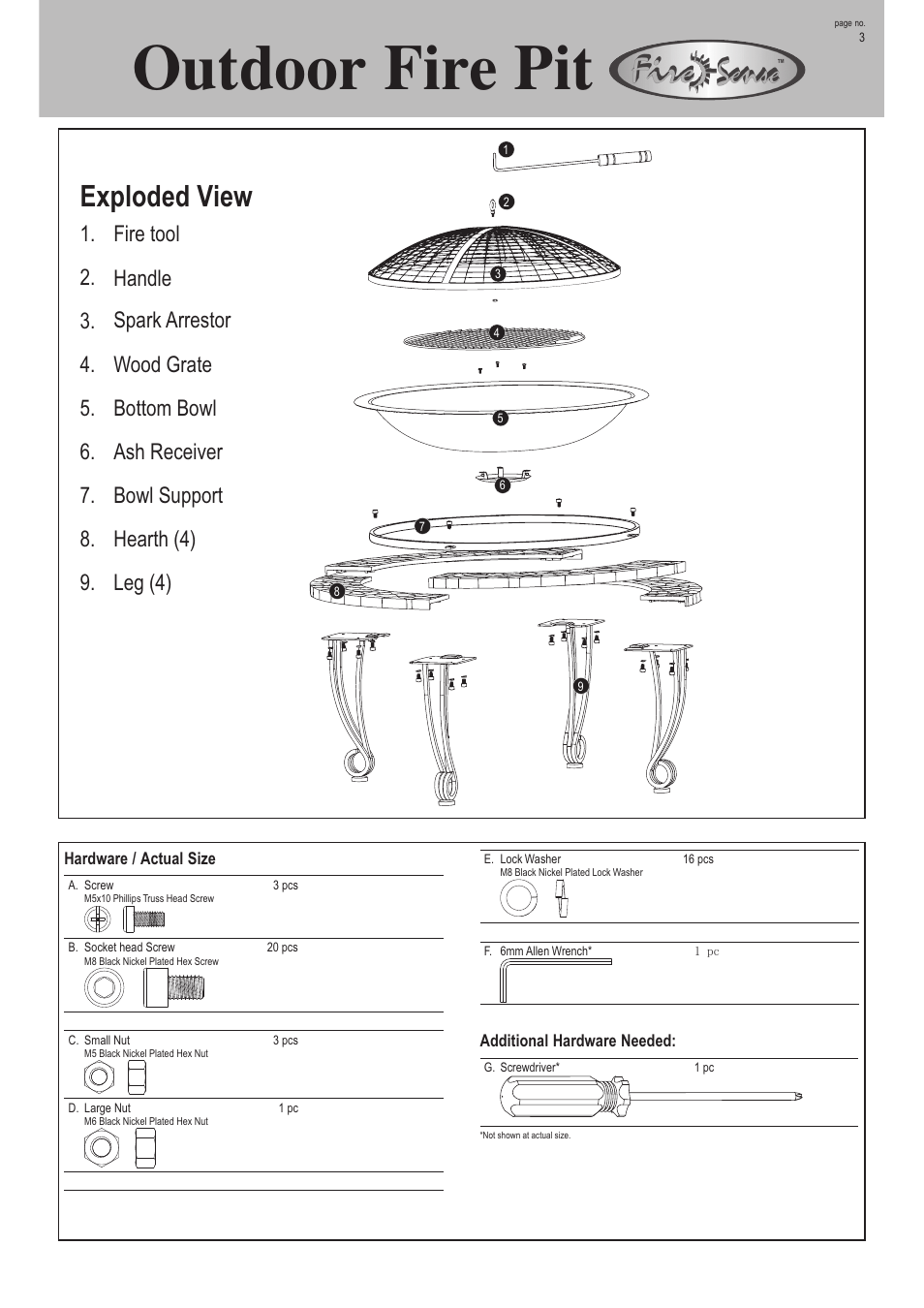 Outdoor fire pit, Exploded view | Well Traveled Living 02115 User Manual | Page 3 / 6