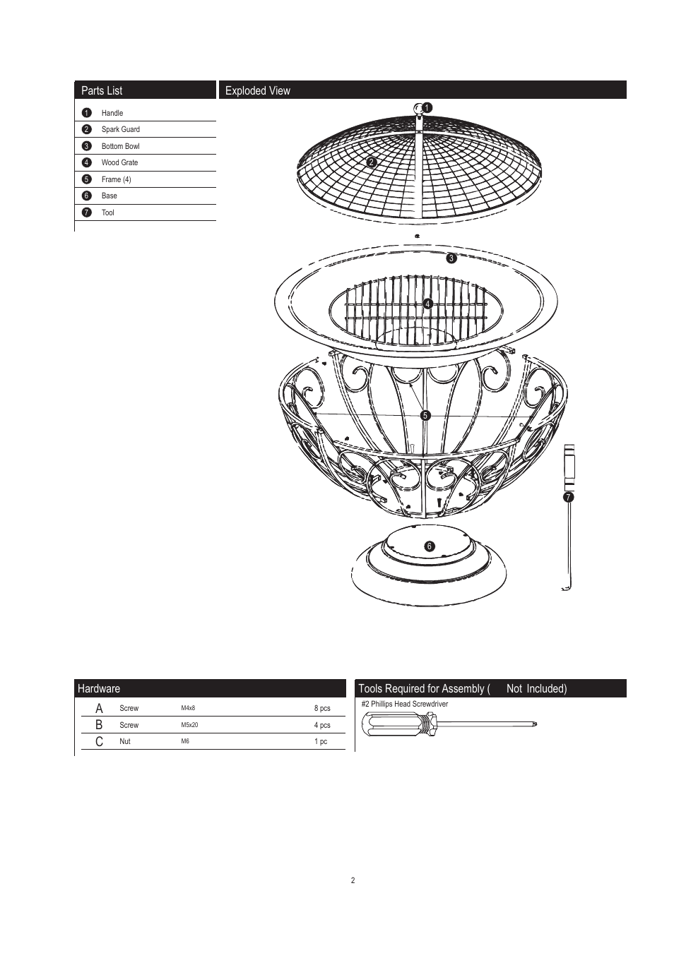 Parts list, Exploded view, Hardware | Tools required for assembly ( not included) | Well Traveled Living FirrSense Urn User Manual | Page 2 / 5