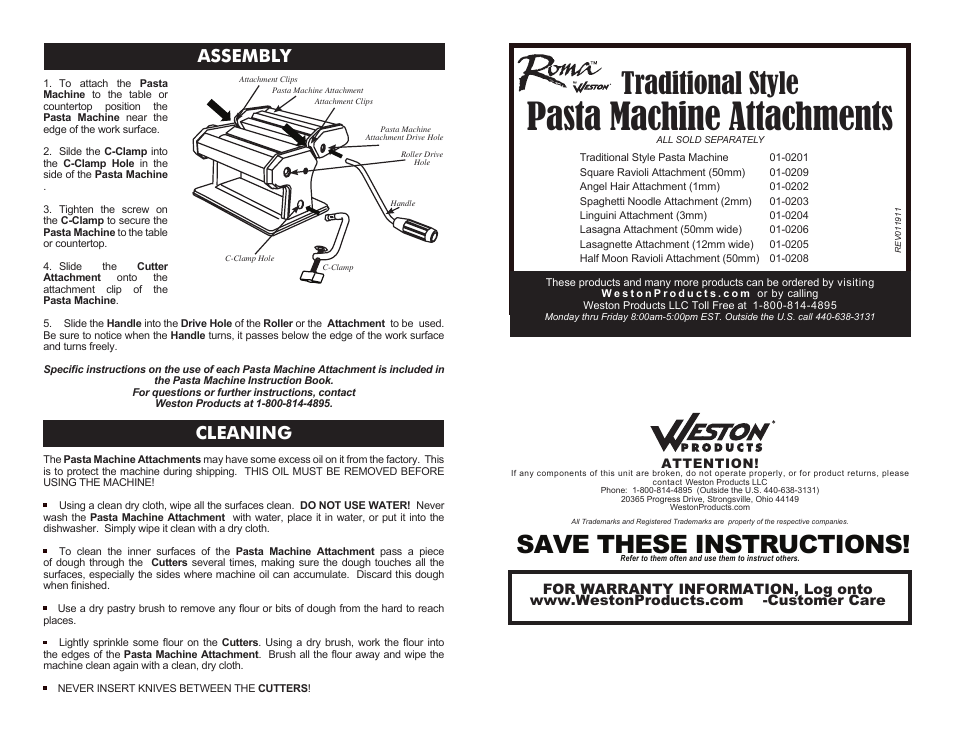 Weston Tradtional Style Pasta Machine Attachments 01-0209 User Manual | 1 page