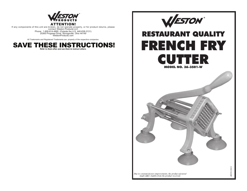 Weston Restaurant Quality French Fry Cutter 36-3501-W User Manual | 6 pages