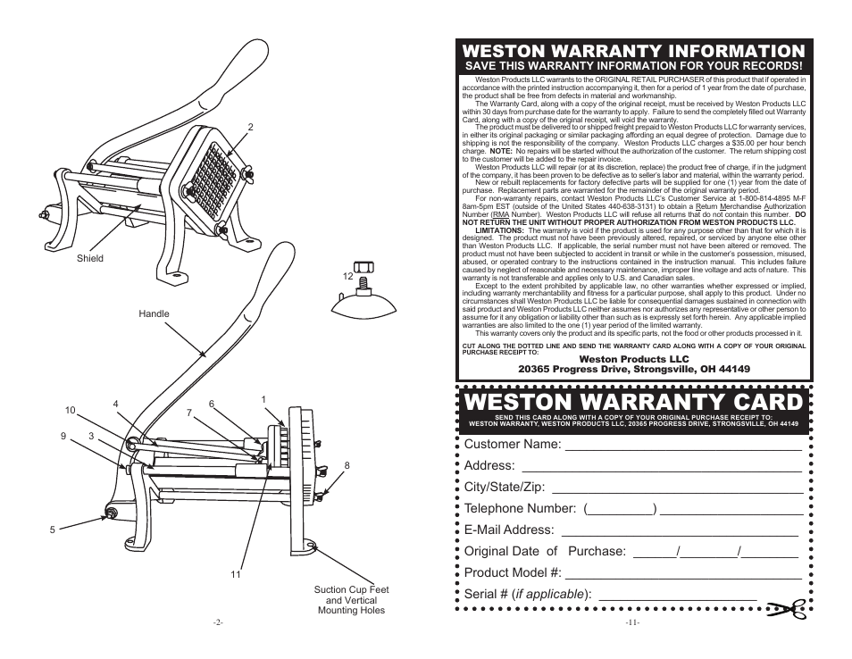 Weston warranty card, Weston warranty information | Weston Restaurant Quality French Fry Cutter 36-3501-W User Manual | Page 2 / 6