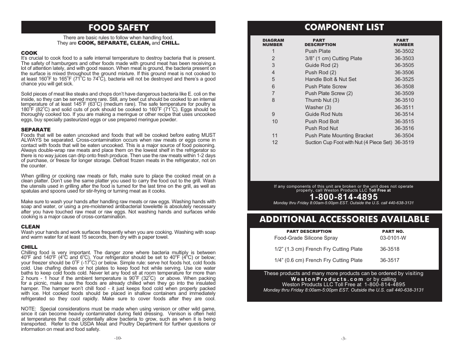 Component list, Additional accessories available, Food safety | Weston Restaurant Quality French Fry Cutter 36-3501-W User Manual | Page 3 / 6