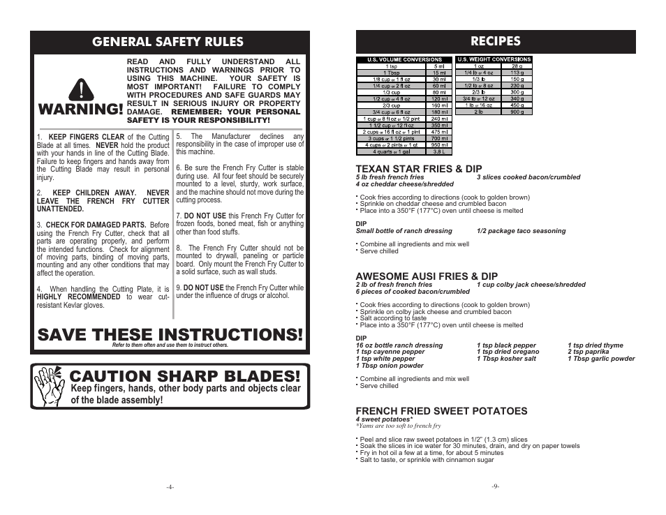 Save these instructions, Caution sharp blades, Warning | General safety rules, Recipes | Weston Restaurant Quality French Fry Cutter 36-3501-W User Manual | Page 4 / 6